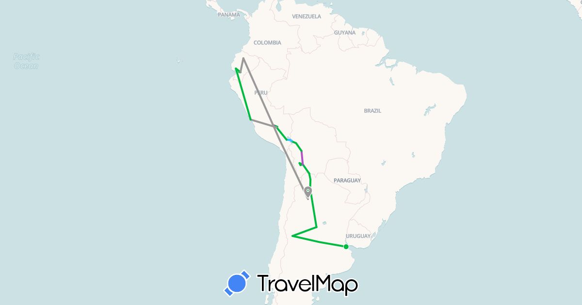 TravelMap itinerary: driving, bus, plane, train, boat in Argentina, Bolivia, Ecuador, Peru (South America)